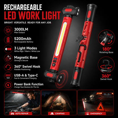 Rechargeable LED Work Light – 3000LM Magnetic Portable Shop Light with 360° Rotation & Power Bank Function 🔦