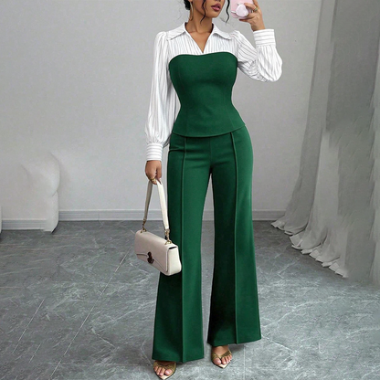 Women's Elegant Striped V-Neck Blouse & Wide-Leg Trouser Set